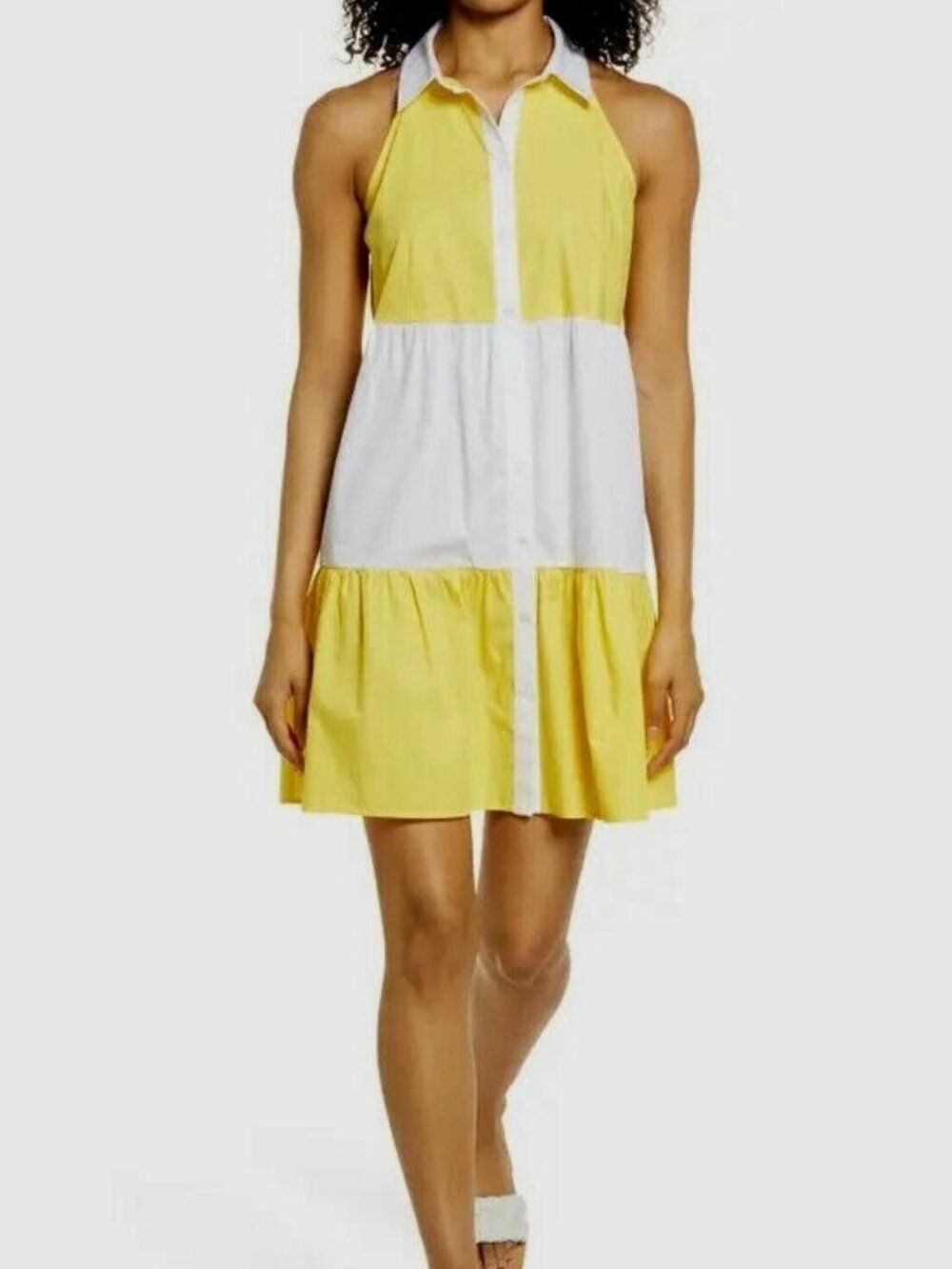 NWT Eliza J Yellow White Tiered Sleeveless Shirt Dress Size 6